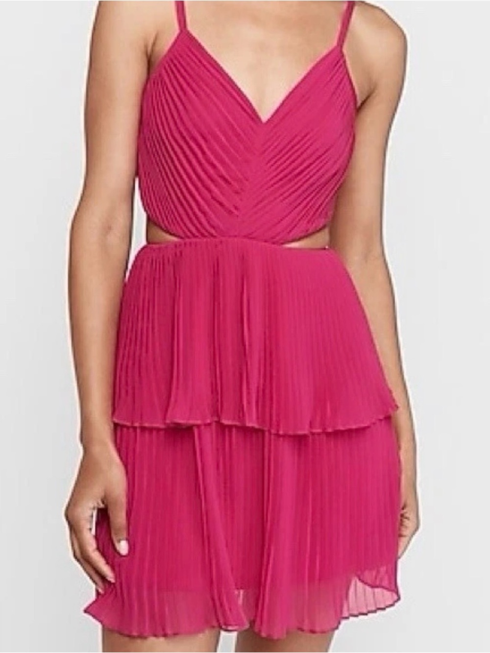 Express Hot Pink Pleated Tiered Spaghetti Strap Dress